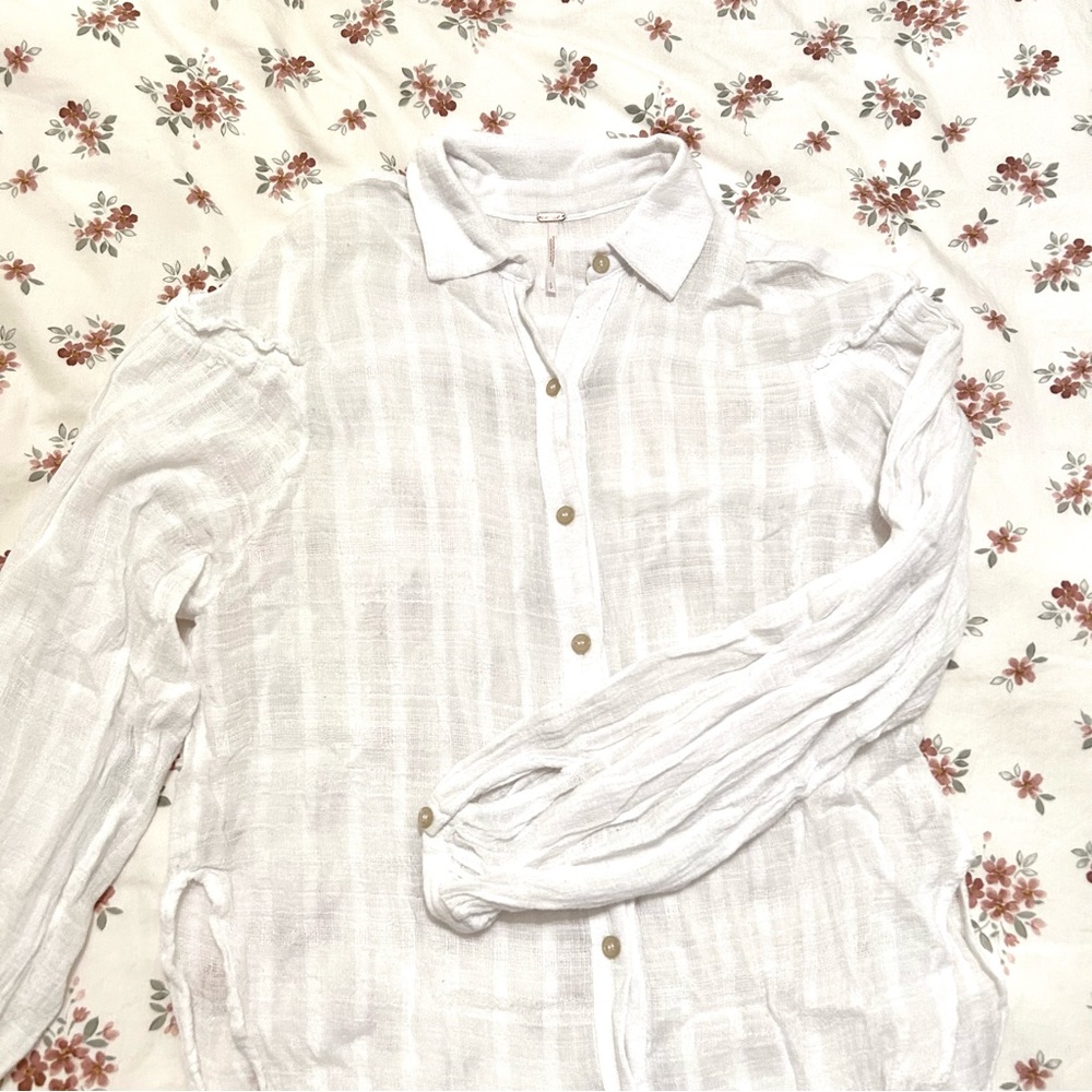 Free People White Flowy Button Down Long Sleeve Shirt